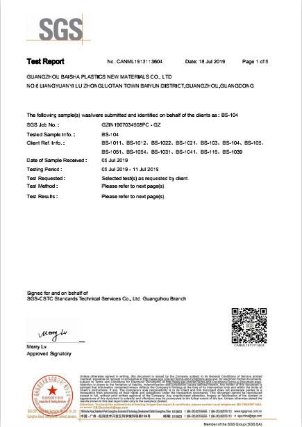 China Guangzhou Baisha Plastics New Materials Co., Ltd. Certification